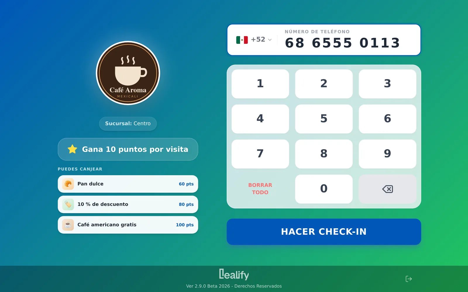 Kiosco de Lealify en una tablet: el cliente teclea su teléfono para sumar puntos